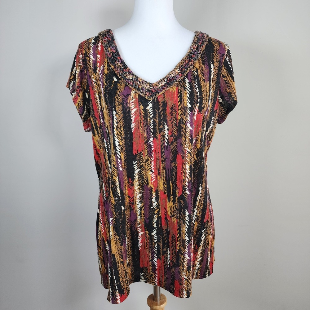 Liz Claiborne Shirt Womens Large Fall‎ Crochet Neck Embroidery Tee Top Boho Art